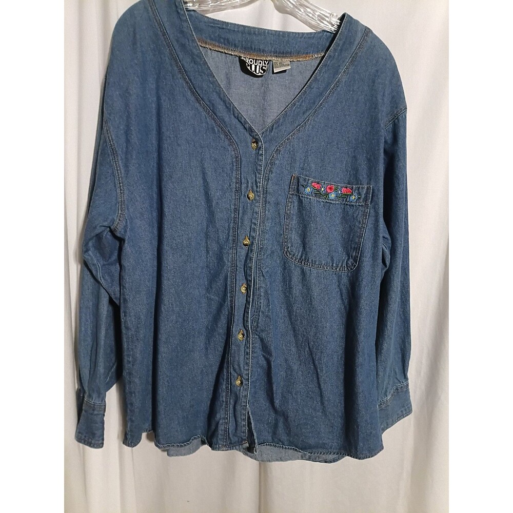 Vintage Plus Size 18W Button Up Denim L/S Shirt Proudly Plus Pocket Embroidery